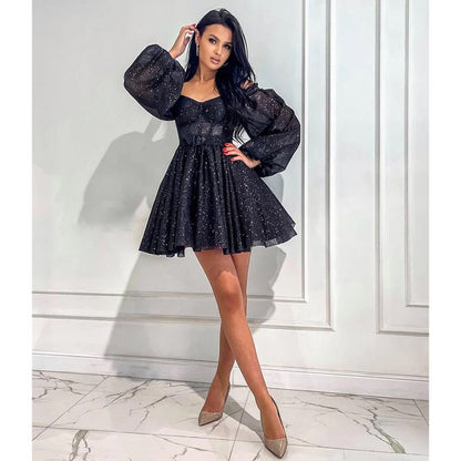 NumberSea - A Line V Neck Long Sleeves Black Sparkly Prom Dress Short Homecoming Dress