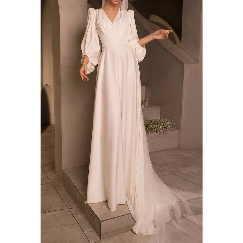 NumberSea - A Line V Neck Long Sleeves Satin Simple Wedding Dress with Sweep Train