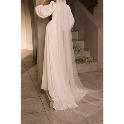 NumberSea - A Line V Neck Long Sleeves Satin Simple Wedding Dress with Sweep Train