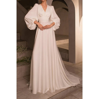 NumberSea - A Line V Neck Long Sleeves Satin Simple Wedding Dress with Sweep Train