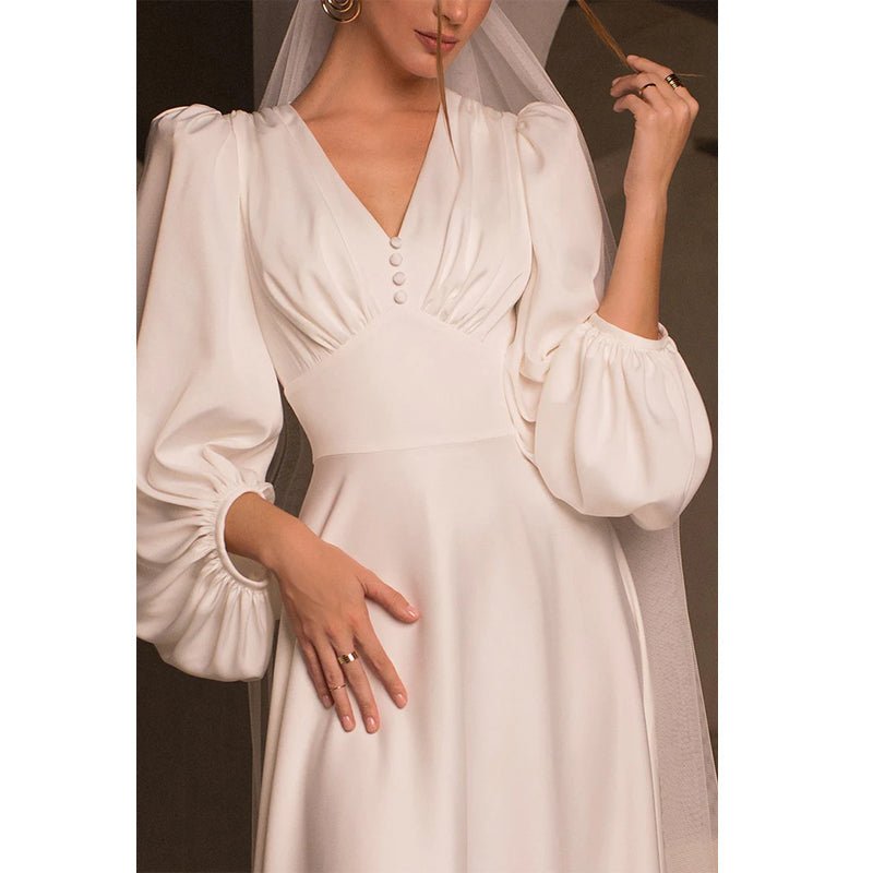 NumberSea - A Line V Neck Long Sleeves Satin Simple Wedding Dress with Sweep Train