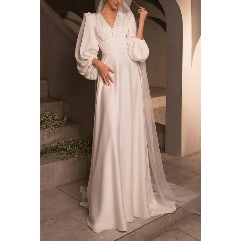 NumberSea - A Line V Neck Long Sleeves Satin Simple Wedding Dress with Sweep Train