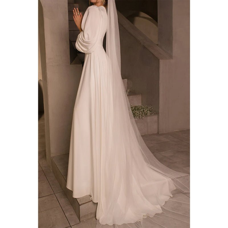 NumberSea - A Line V Neck Long Sleeves Satin Simple Wedding Dress with Sweep Train