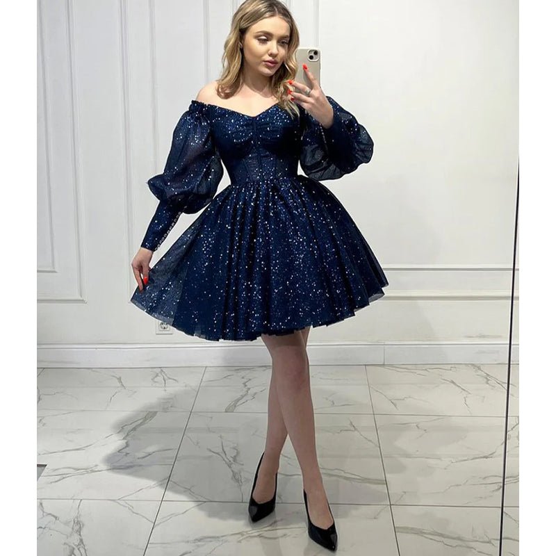 NumberSea - A Line V Neck Long Sleeves Sparkly Prom Dress Short Homecoming Dress