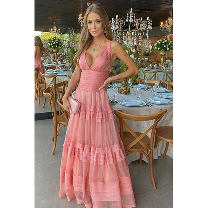 NumberSea - A - line V - neck Pink Tulle Tiered Long Formal Evening Dress