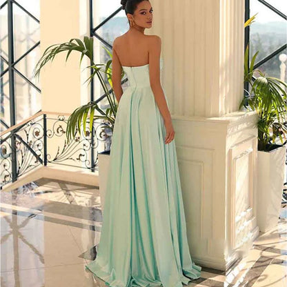 NumberSea - A Line V Neck Satin Pleats Long Elegant Prom Party Dress with Slit