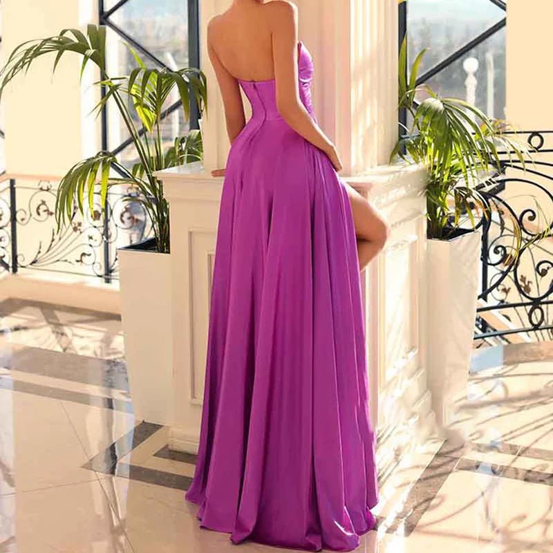 NumberSea - A Line V Neck Satin Pleats Long Elegant Prom Party Dress with Slit