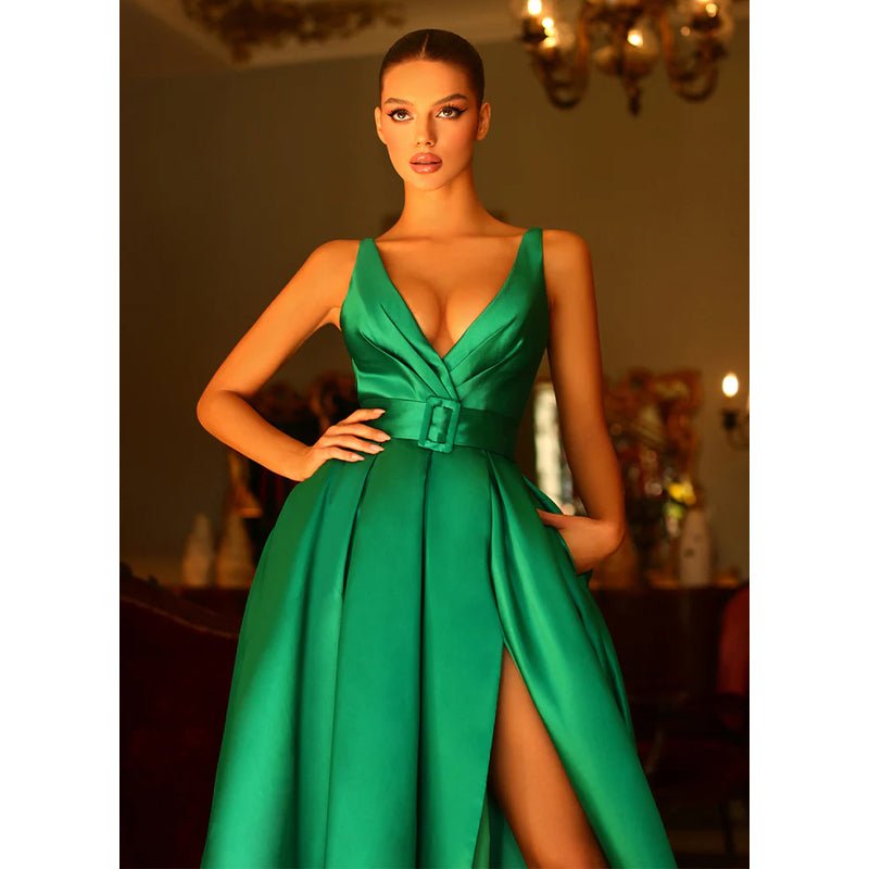 NumberSea - A Line V Neck Satin Pleats Side Slit Long Prom Formal Dress with Pockets