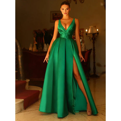 NumberSea - A Line V Neck Satin Pleats Side Slit Long Prom Formal Dress with Pockets