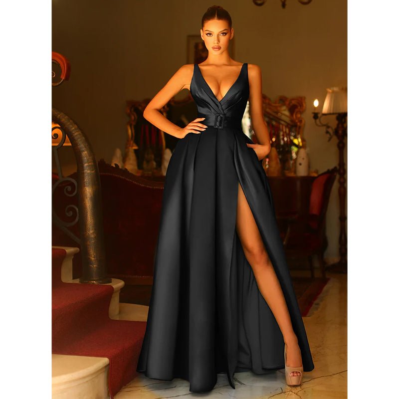 NumberSea - A Line V Neck Satin Pleats Side Slit Long Prom Formal Dress with Pockets