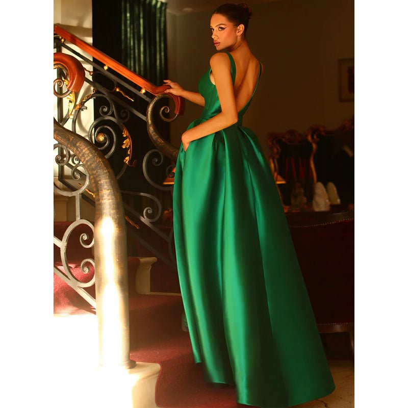 NumberSea - A Line V Neck Satin Pleats Side Slit Long Prom Formal Dress with Pockets