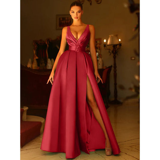 NumberSea - A Line V Neck Satin Pleats Side Slit Long Prom Formal Dress with Pockets