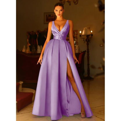 NumberSea - A Line V Neck Satin Pleats Side Slit Long Prom Formal Dress with Pockets