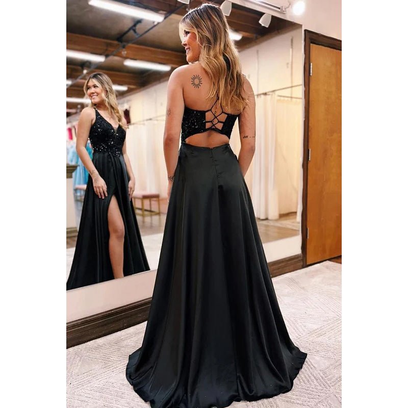 NumberSea - A - Line V - Neck Satin Sequins Sleeveless Prom Evening Formal Dress