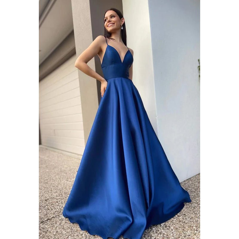 NumberSea - A - Line V - Neck Satin Zipper - Up Sleeveless Prom Dress