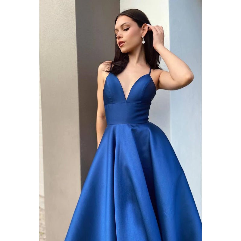 NumberSea - A - Line V - Neck Satin Zipper - Up Sleeveless Prom Dress