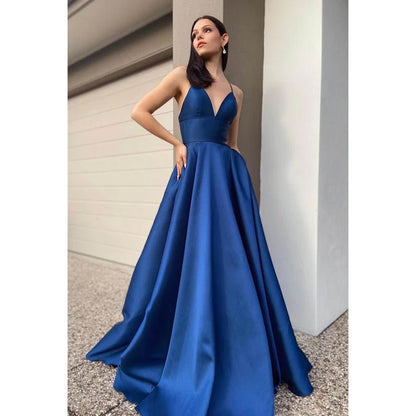 NumberSea - A - Line V - Neck Satin Zipper - Up Sleeveless Prom Dress