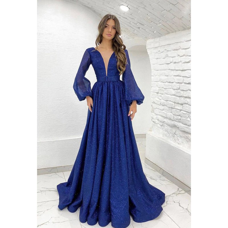 NumberSea - A - Line V - Neck Sequined Belt Long Sleeves Party Dress