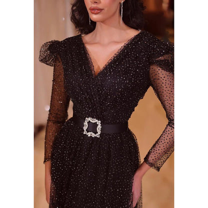 NumberSea - A - Line V - Neck Sequined Belt Long Sleeves Prom Evening Formal Dress