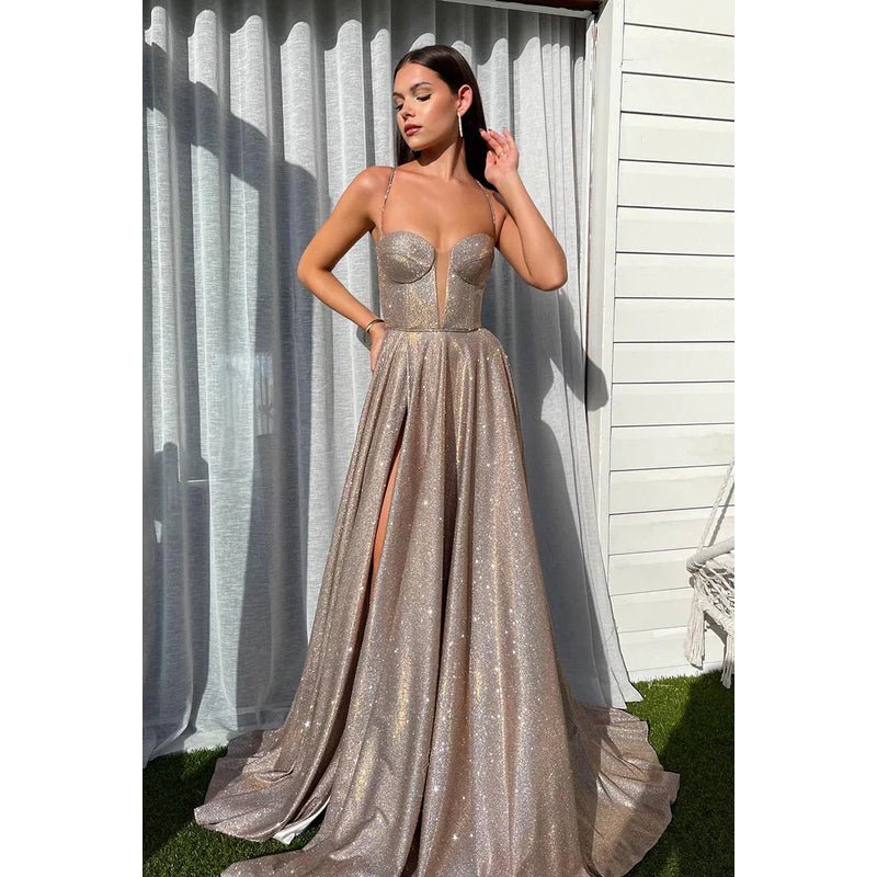 NumberSea - A - Line V - Neck Sequined Split Lace - Up Sleeveless Prom Dress