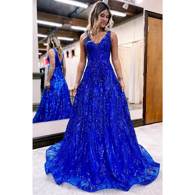 NumberSea - A - line V - neck Sequins Appliques Sparkly Prom Dress