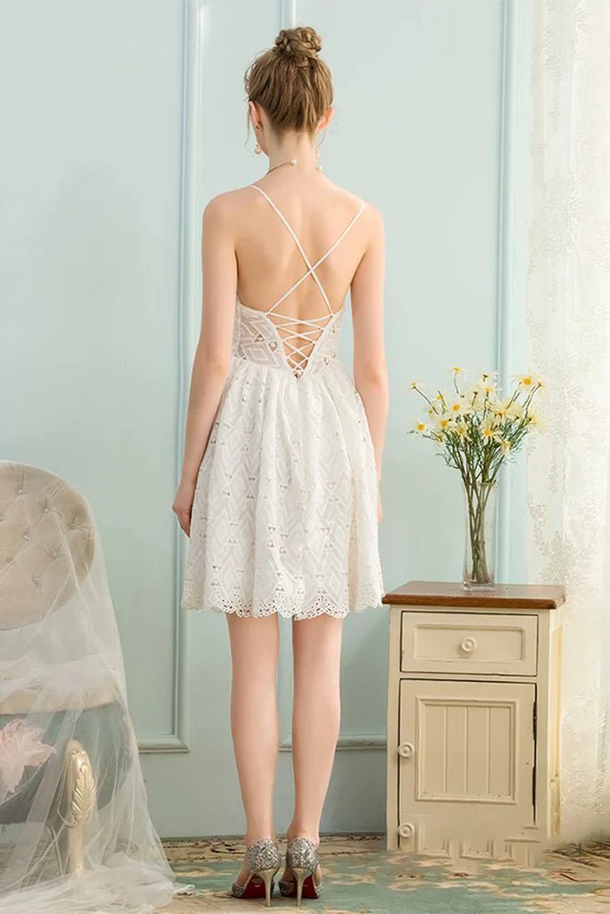 NumberSea - A - Line V - Neck Sleeveless Short White Lace Homecoming Dress