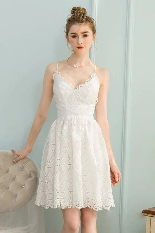 NumberSea - A - Line V - Neck Sleeveless Short White Lace Homecoming Dress