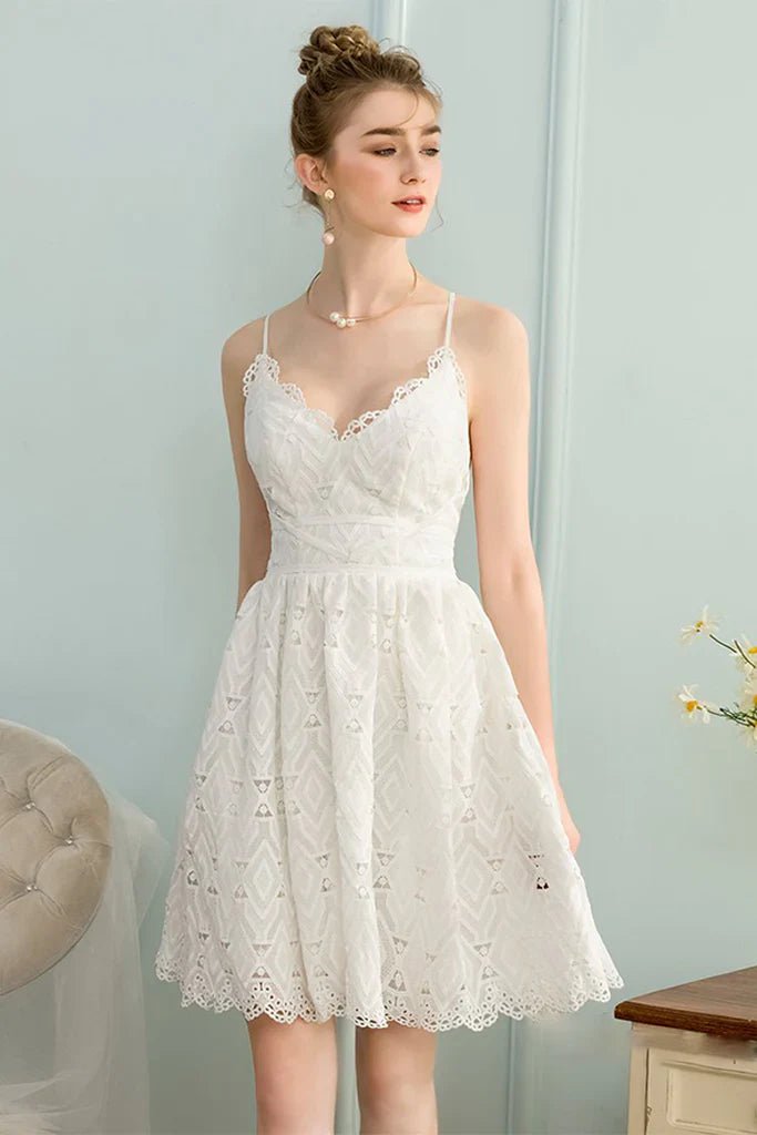 NumberSea - A - Line V - Neck Sleeveless Short White Lace Homecoming Dress