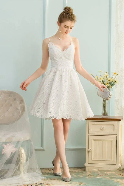 NumberSea - A - Line V - Neck Sleeveless Short White Lace Homecoming Dress