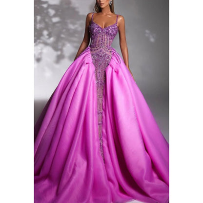 NumberSea - A - line V - neck Spaghetti Straps Beaded Appliques Formal Gown