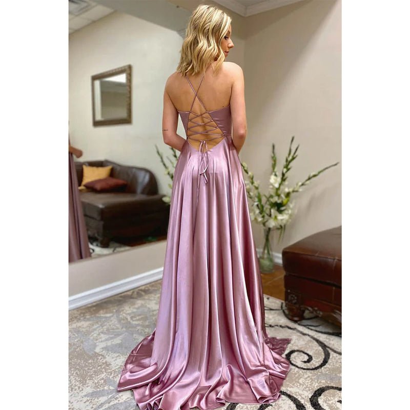 NumberSea - A - line V - neck Spaghetti Straps High Split Long Prom Dress with Pockets