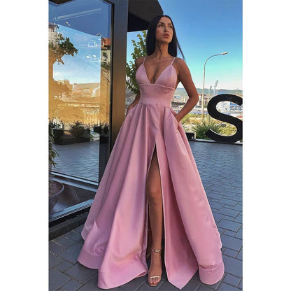 NumberSea - A - line V - neck Spaghetti Straps High Split Long Prom Dress with Pockets