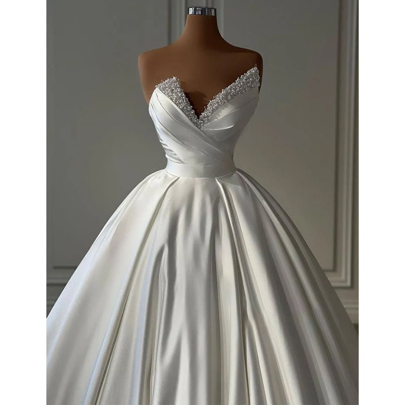 NumberSea - A - line V Neck Straples Satin Beaded Long Wedding Prom Formal Evening Dress