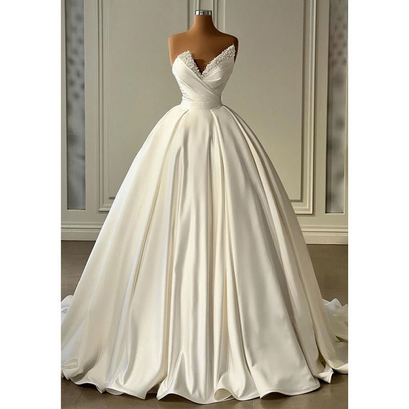 NumberSea - A - line V Neck Straples Satin Beaded Long Wedding Prom Formal Evening Dress