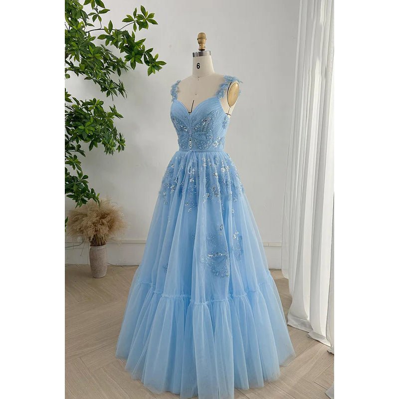 NumberSea - A - Line V - Neck Straps Appilique Tulle Formal Party Prom Dress