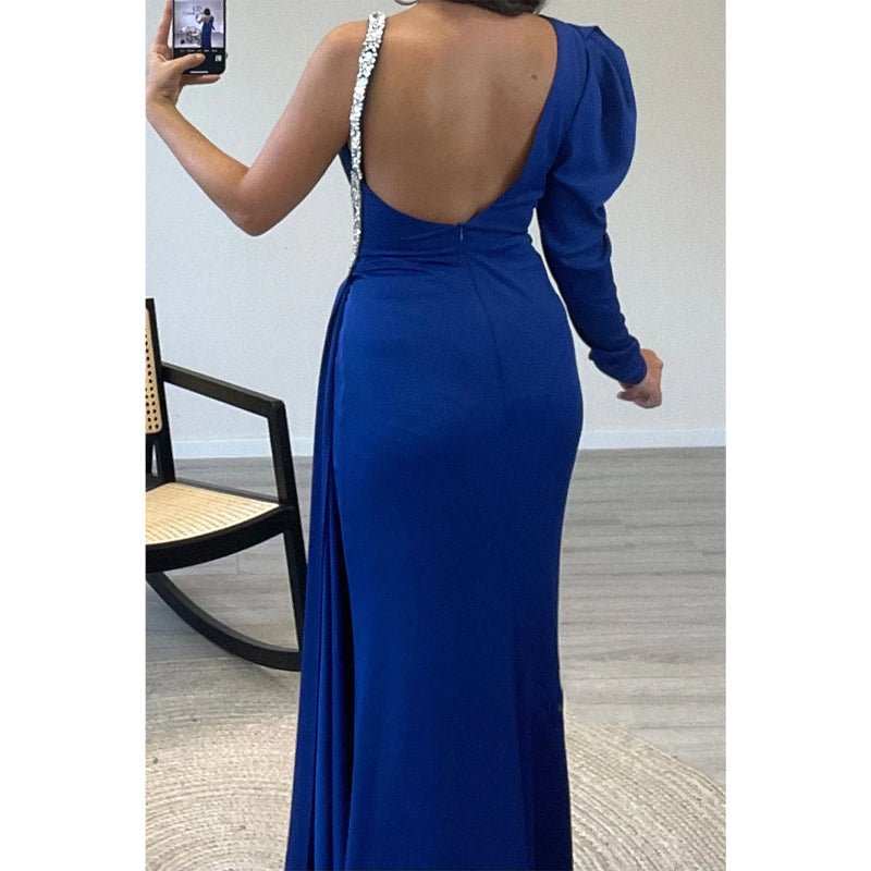 NumberSea - A - line V - neck Straps Beaded Long Sleeves Satin Long Prom Dress Evening Gown