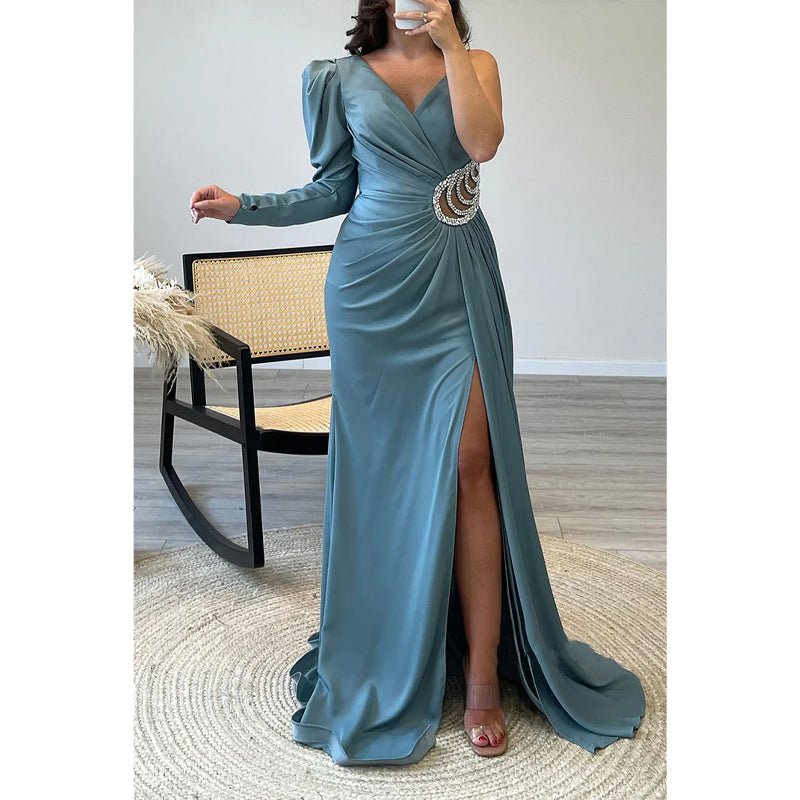 NumberSea - A - line V - neck Straps Beaded Long Sleeves Satin Long Prom Dress Evening Gown