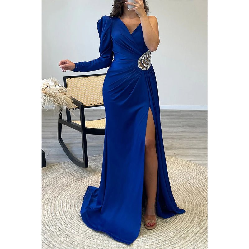 NumberSea - A - line V - neck Straps Beaded Long Sleeves Satin Long Prom Dress Evening Gown