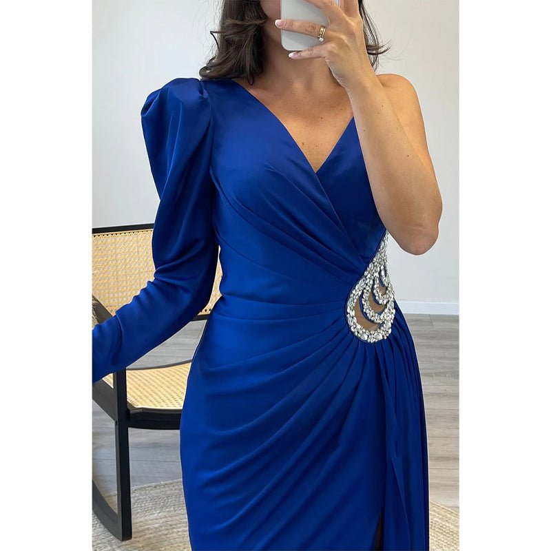 NumberSea - A - line V - neck Straps Beaded Long Sleeves Satin Long Prom Dress Evening Gown