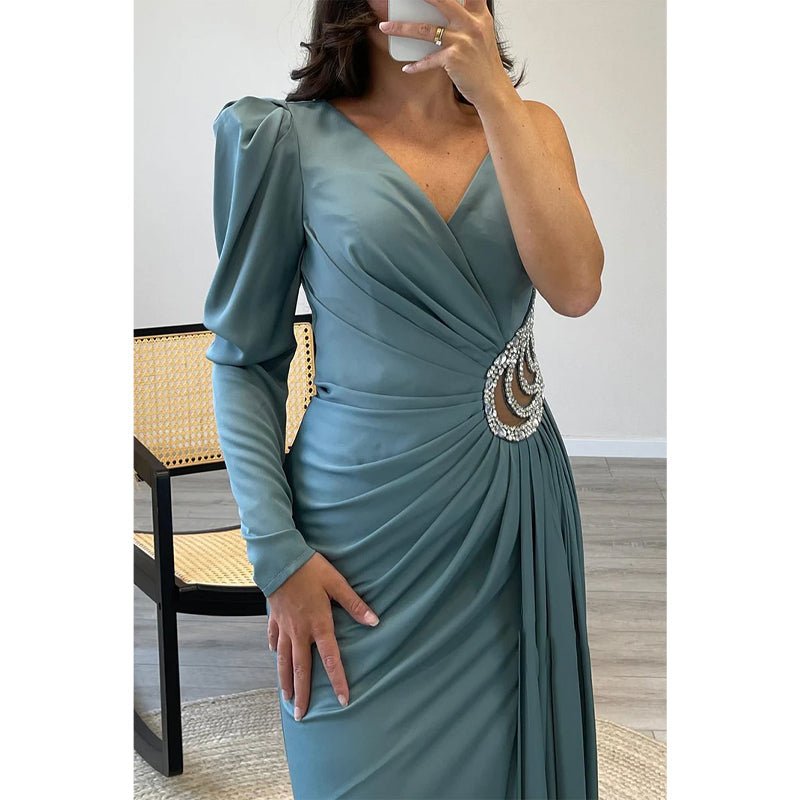 NumberSea - A - line V - neck Straps Beaded Long Sleeves Satin Long Prom Dress Evening Gown