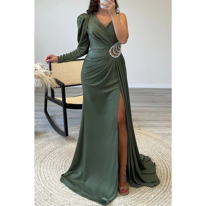 NumberSea - A - line V - neck Straps Beaded Long Sleeves Satin Long Prom Dress Evening Gown