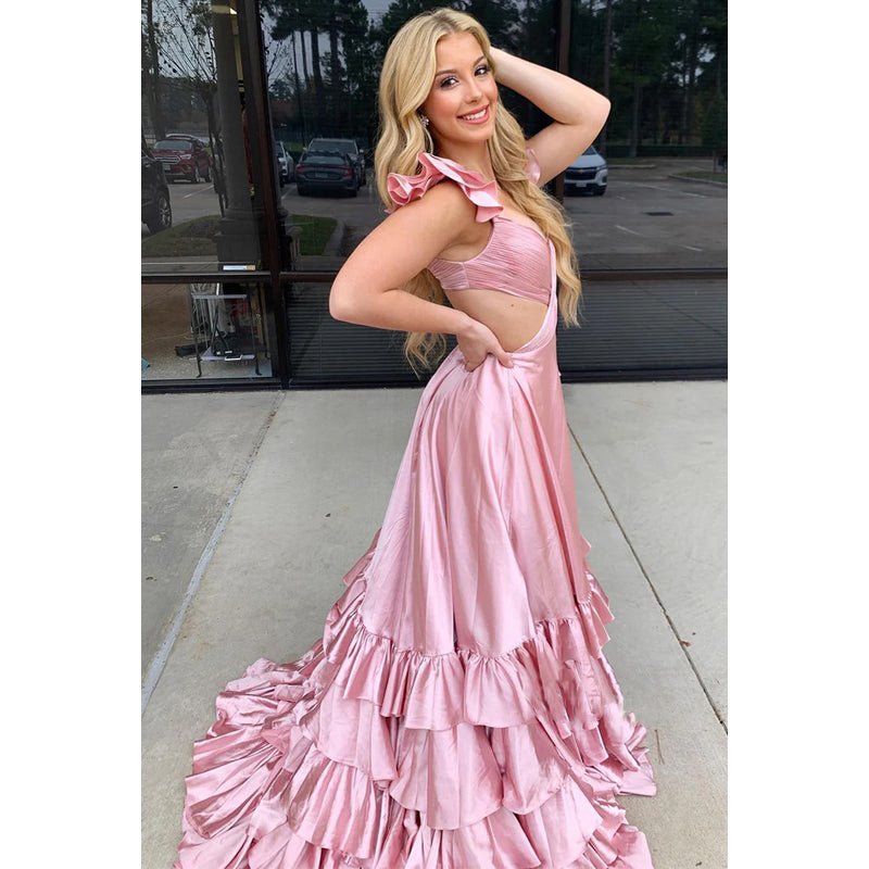 NumberSea - A - line V - neck Straps Pink Long Prom Dress with Split Evening Gowns