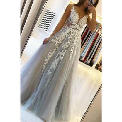 NumberSea - A - line V - neck Tulle Appliques Long Formal Evening Dress Prom Dress