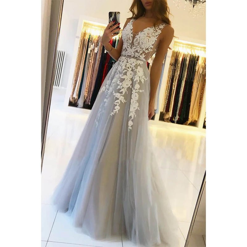 NumberSea - A - line V - neck Tulle Appliques Long Formal Evening Dress Prom Dress