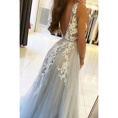 NumberSea - A - line V - neck Tulle Appliques Long Formal Evening Dress Prom Dress