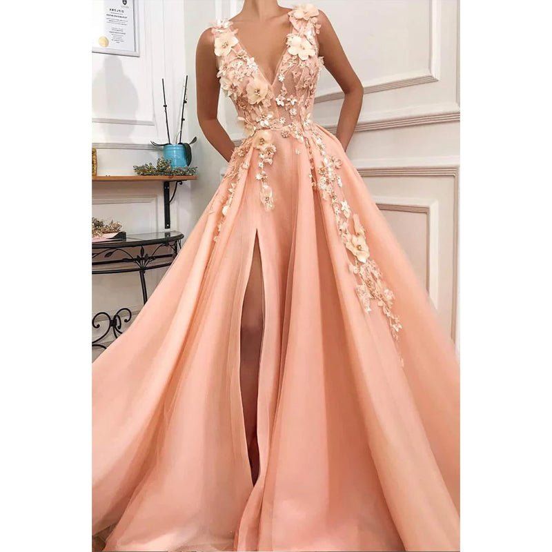 NumberSea - A - line V - neck Tulle Appliques Long Prom Dress with Slit