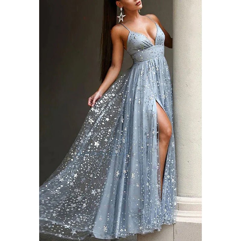 NumberSea - A - Line V - Neck Tulle Beaded Sleeveless Prom Evening Formal Dress