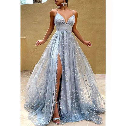 NumberSea - A - Line V - Neck Tulle Beaded Sleeveless Prom Evening Formal Dress