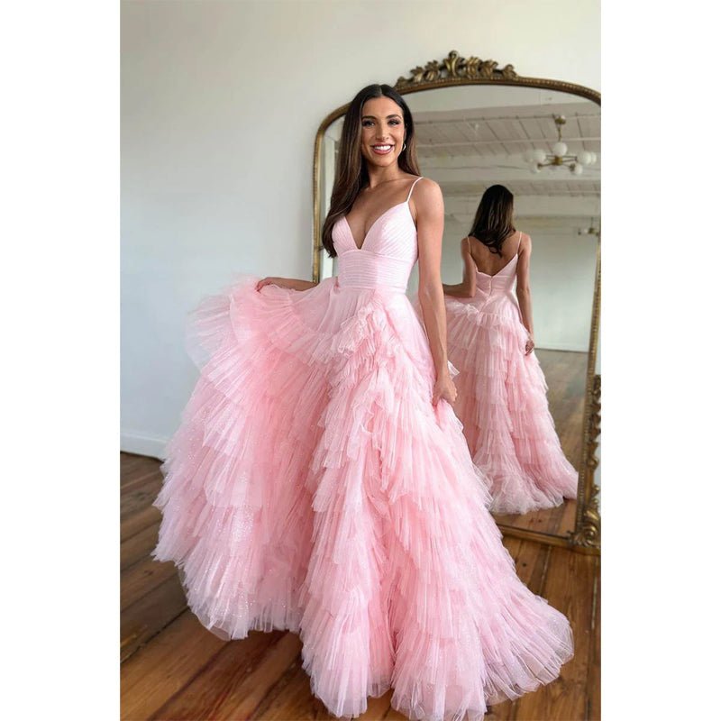 NumberSea - A Line V Neck Tulle Ruffles Pink Homecoming Dress Long Homecoming Court Dress