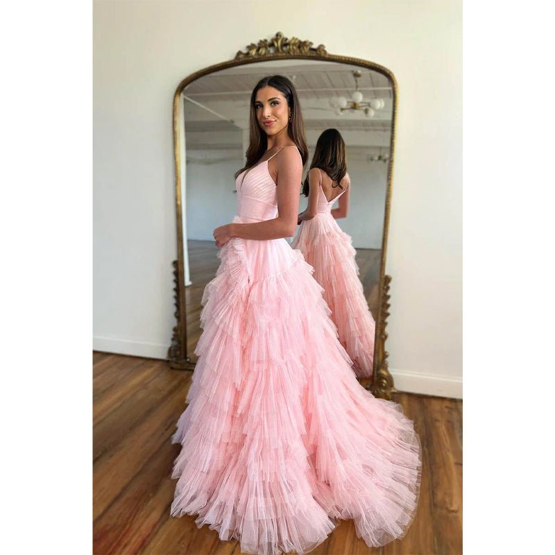 NumberSea - A Line V Neck Tulle Ruffles Pink Homecoming Dress Long Homecoming Court Dress